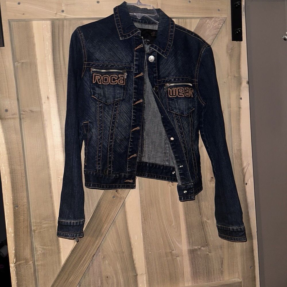 Rocawear Womens Denim Jacket Size M Dark Wash Y2K Embroidered Logo Brand Zippers